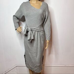 Gray Ribbed Wrap Sweater Dress Womens Small Medium Stand_J Long Sleeve